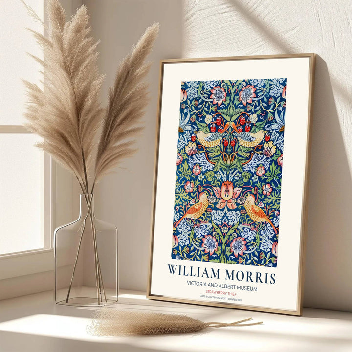 Garden bird and botanical art combine for a vibrant aesthetic in this William Morris Strawberry Thief poster. Shop ready-to-ship framed, unframed, and canvas options available from MapYourDreams for modern homes.