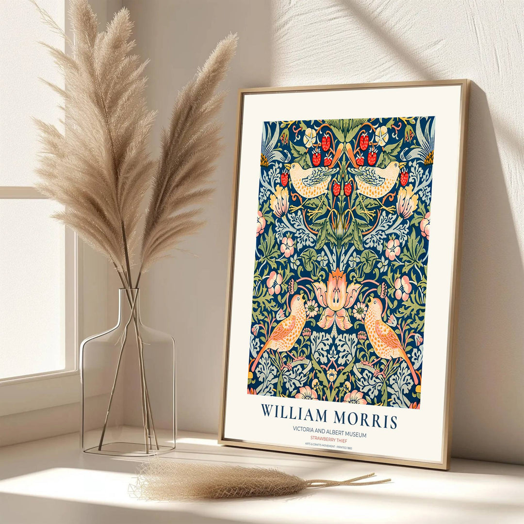 Museum-grade restoration of William Morris Strawberry Thief displaying yellow birds on dark blue. Shop ready-to-ship framed, unframed, and canvas options available from MapYourDreams to complement modern interiors.