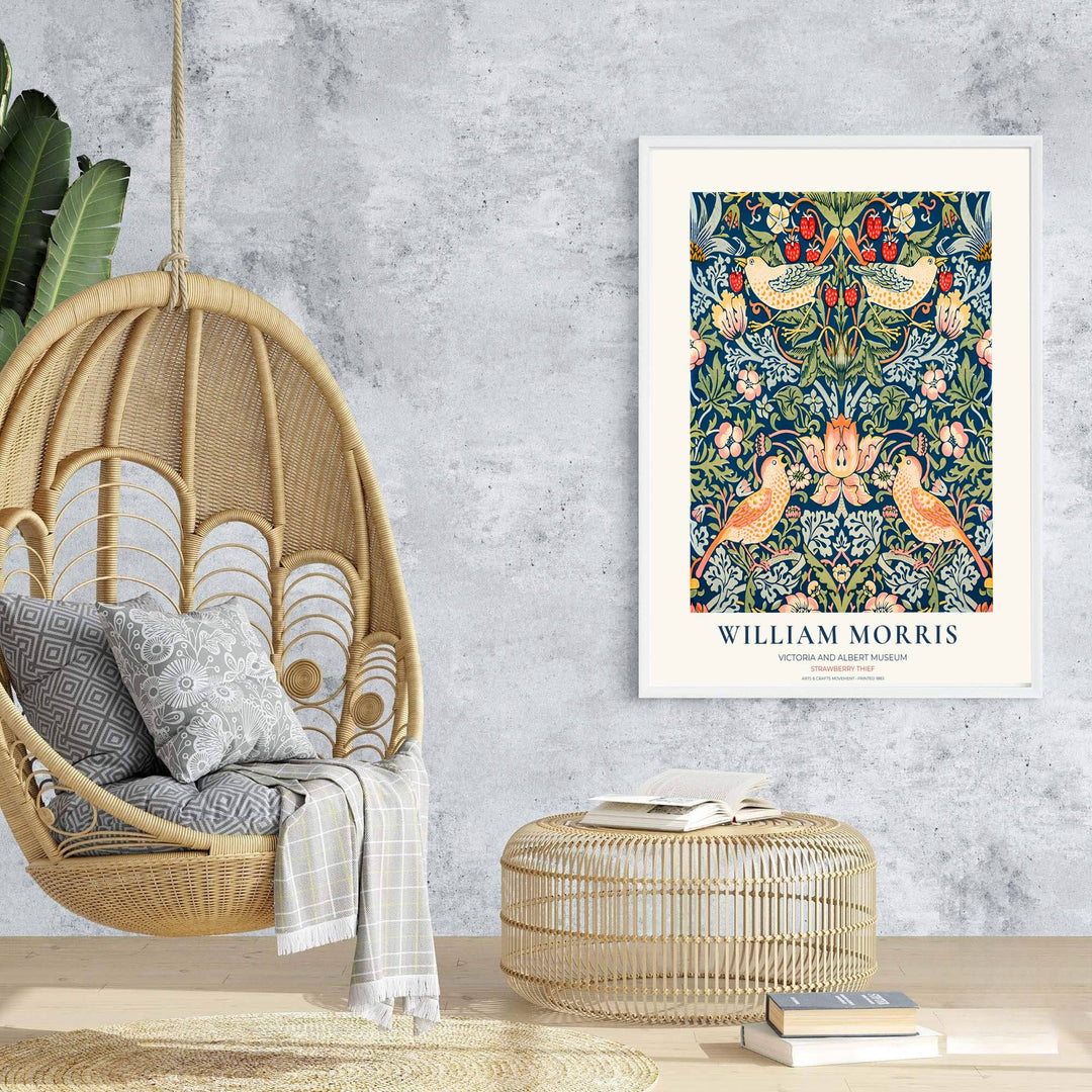 Classic Victoria and Albert Museum typography frames this 1883 William Morris Strawberry Thief print. MapYourDreams delivers museum-quality framed, unframed, and canvas options available for quick home delivery.