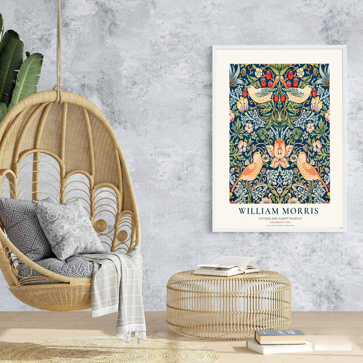 Classic Victoria and Albert Museum typography frames this 1883 William Morris Strawberry Thief print. MapYourDreams delivers museum-quality framed, unframed, and canvas options available for quick home delivery.