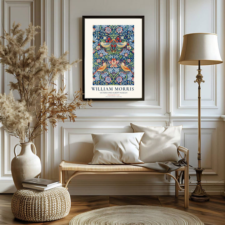 Botanical line art and thrush bird illustrations bring historic charm in this William Morris Strawberry Thief print. MapYourDreams delivers museum-quality framed, unframed, and canvas options available for home delivery.