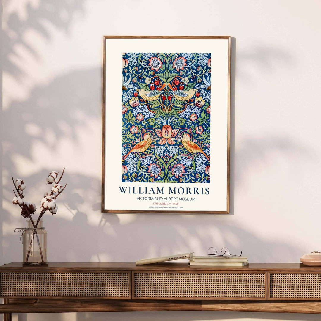 Muted green and red fruit wall decor inspired by 1883 textiles defines this William Morris Strawberry Thief print. MapYourDreams brings tailored framed, unframed, and canvas options available to match your aesthetic.