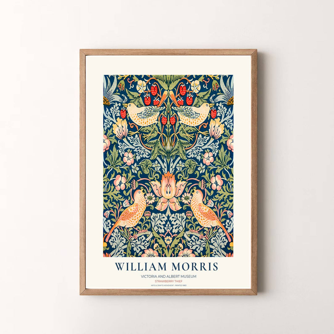 Victoria and Albert Museum exhibition layout transforms this 1883 William Morris Strawberry Thief print. Explore fine framed, unframed, and canvas options available at MapYourDreams for lasting wall beauty.