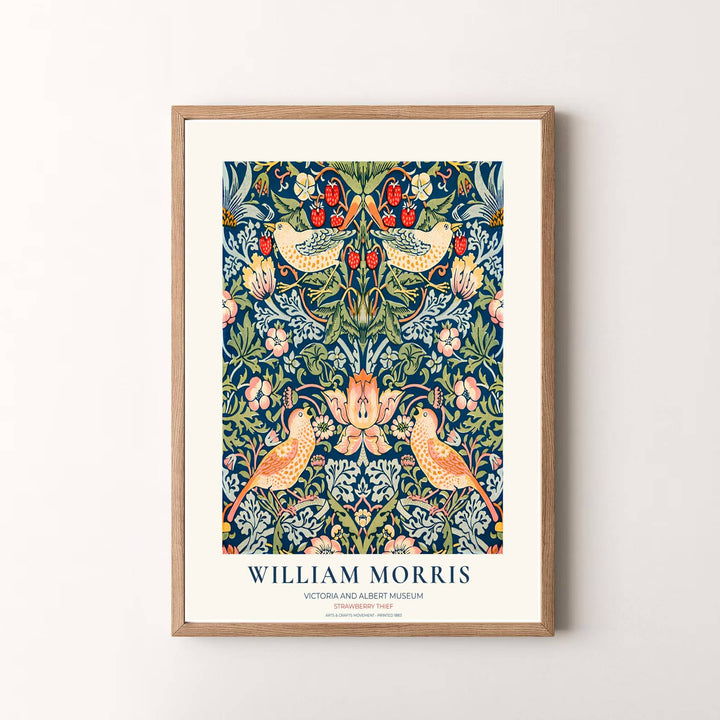 Victoria and Albert Museum exhibition layout transforms this 1883 William Morris Strawberry Thief print. Explore fine framed, unframed, and canvas options available at MapYourDreams for lasting wall beauty.