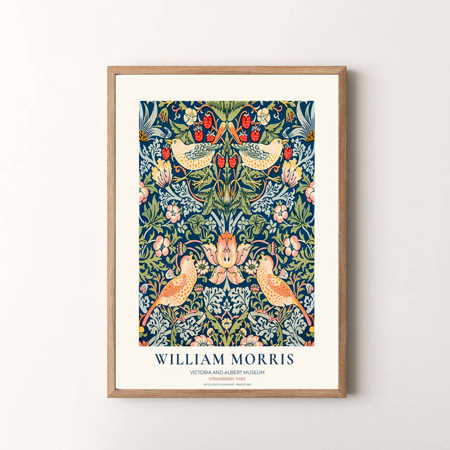 Victoria and Albert Museum exhibition layout transforms this 1883 William Morris Strawberry Thief print. Explore fine framed, unframed, and canvas options available at MapYourDreams for lasting wall beauty.