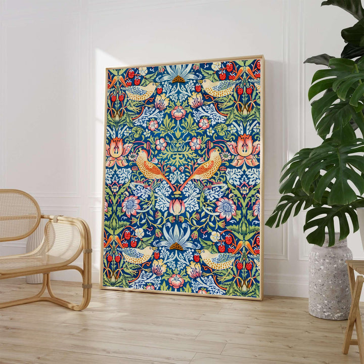Inspired by 1883 block-printed cottons, this edge-to-edge William Morris Strawberry Thief art piece features bird graphics. Explore versatile framed, unframed, and canvas options available at MapYourDreams for cottagecore decor.