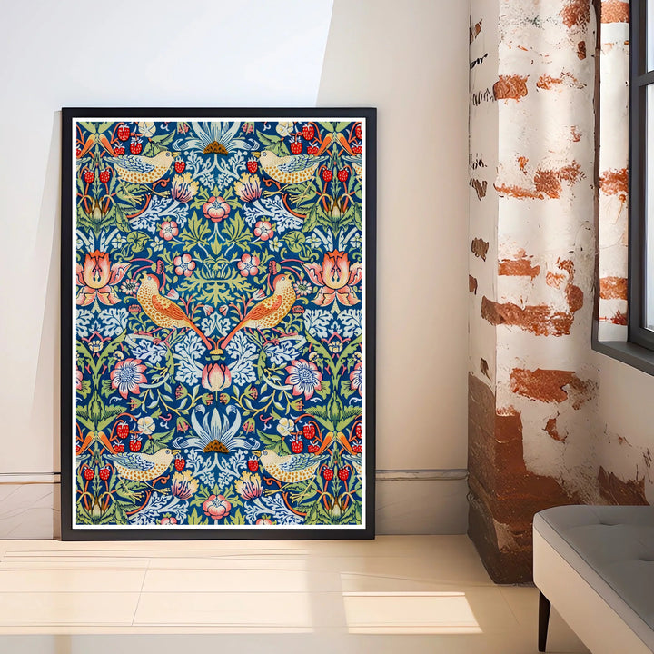 Red berries mix with green leaves and yellow birds in this full-bleed William Morris Strawberry Thief wall poster. MapYourDreams delivers museum-grade framed, unframed, and canvas options available with fast shipping for art lovers.