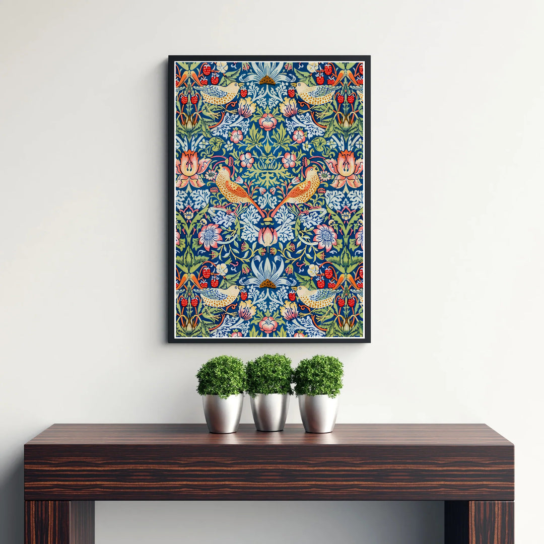 Rich navy blue and bright red fruit blend in this full-bleed English William Morris Strawberry Thief print layout. Choose tailored framed, unframed, and canvas options available at MapYourDreams to complement wooden furniture.