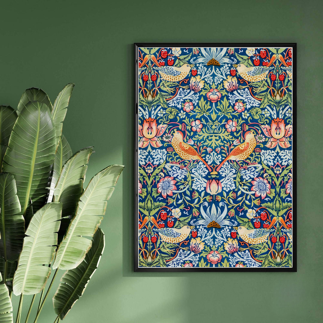 Full-bleed indigo bird illustration stars in this 19th-century William Morris Strawberry Thief art poster. Shop premium framed, unframed, and canvas options available online today from MapYourDreams for cozy wall spaces.