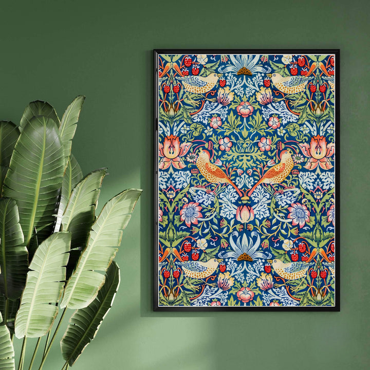 Full-bleed indigo bird illustration stars in this 19th-century William Morris Strawberry Thief art poster. Shop premium framed, unframed, and canvas options available online today from MapYourDreams for cozy wall spaces.