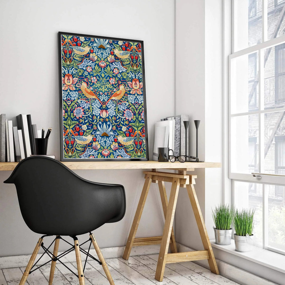 Bring edge-to-edge Victorian charm into dining rooms with this blue and red William Morris Strawberry Thief print. MapYourDreams offers custom framed, unframed, and canvas options available for vibrant home wall displays.