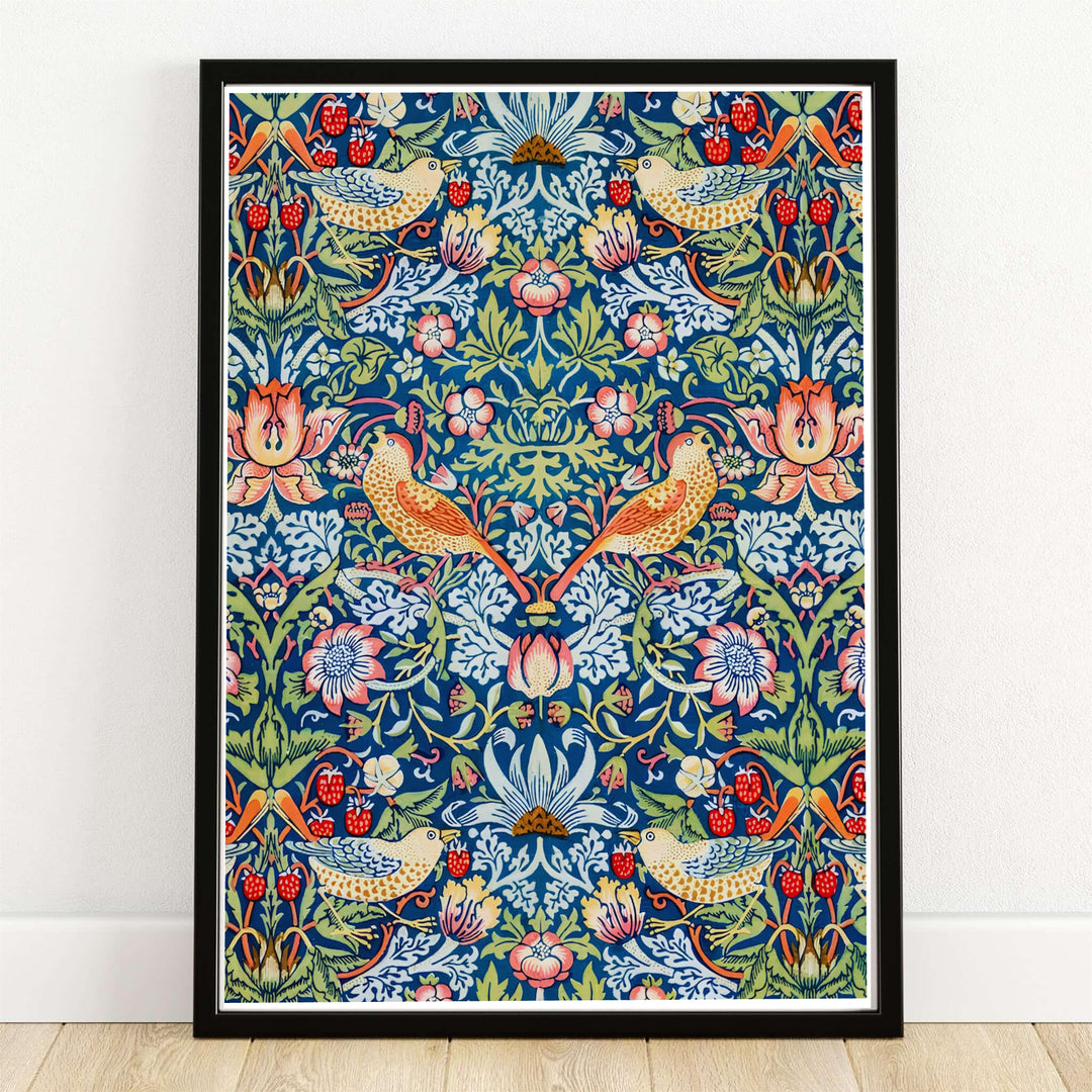 Edge-to-edge pattern of thrush birds stealing red berries in this William Morris Strawberry Thief print. MapYourDreams supplies this full-bleed artwork in framed, unframed, and canvas options available for kitchen wall decor.