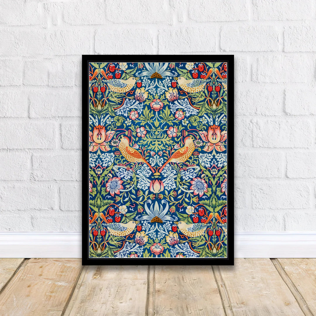 Garden thrush birds and red fruit fill the entire layout of this William Morris Strawberry Thief print. MapYourDreams offers fine art framed, unframed, and canvas options available to elevate breakfast nook gallery wall setups.