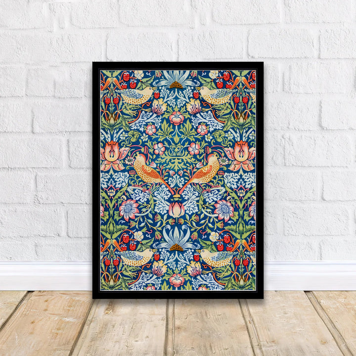 Garden thrush birds and red fruit fill the entire layout of this William Morris Strawberry Thief print. MapYourDreams offers fine art framed, unframed, and canvas options available to elevate breakfast nook gallery wall setups.