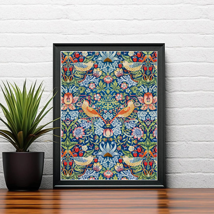 Speckled birds reach for red strawberries in an edge-to-edge William Morris Strawberry Thief art print. Discover ready-to-hang framed, unframed, and canvas options available at MapYourDreams for effortless room decoration.