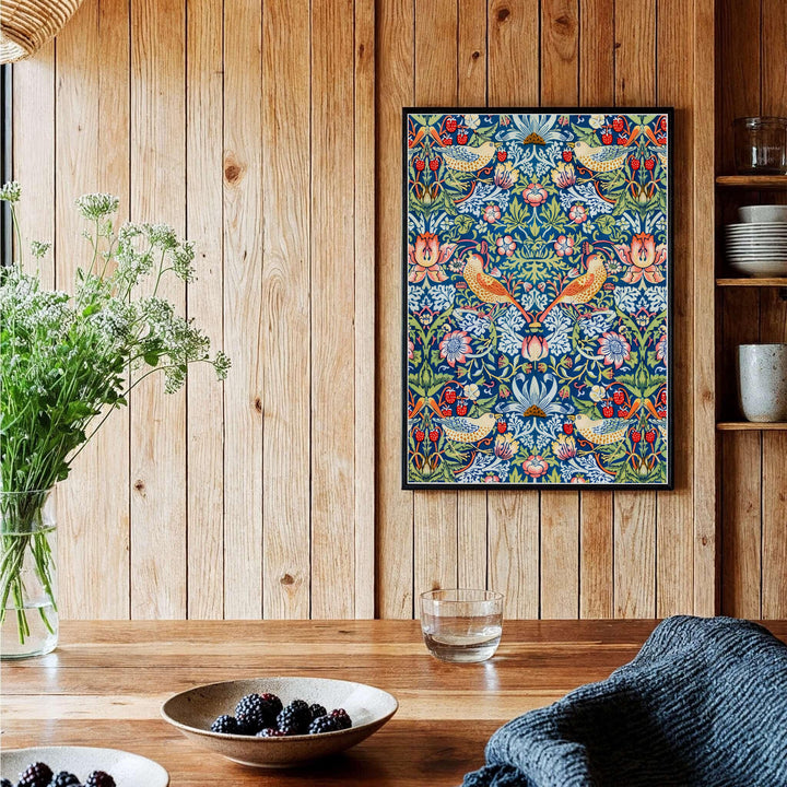 Historical Arts and Crafts fabric graphics without text margins shine in this William Morris Strawberry Thief poster. MapYourDreams presents professional framed, unframed, and canvas options available for any room.