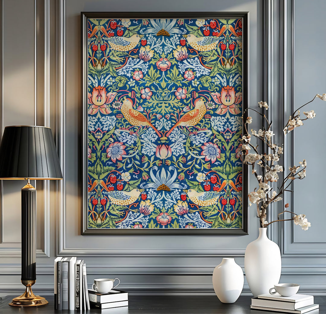 Crimson berries and golden birds decorate this full-bleed restored William Morris Strawberry Thief wall art piece. Buy long-lasting framed, unframed, and canvas options available at MapYourDreams to expand your art collection.