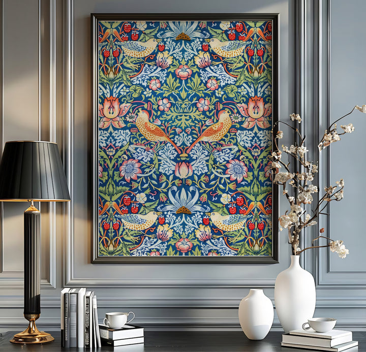 Crimson berries and golden birds decorate this full-bleed restored William Morris Strawberry Thief wall art piece. Buy long-lasting framed, unframed, and canvas options available at MapYourDreams to expand your art collection.
