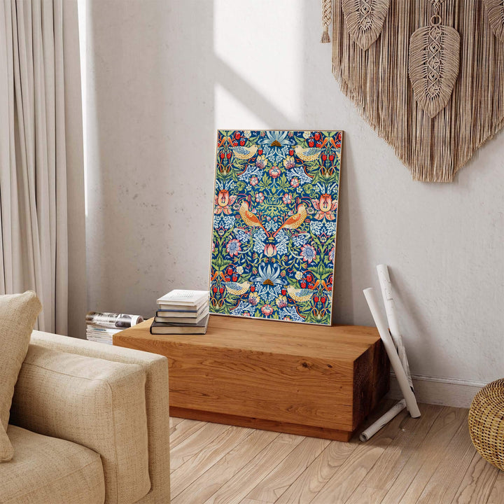 Symmetrical garden birds and red berries highlight this full-bleed William Morris Strawberry Thief poster. Select high-grade framed, unframed, and canvas options available at MapYourDreams to enhance your entryway wall decor.