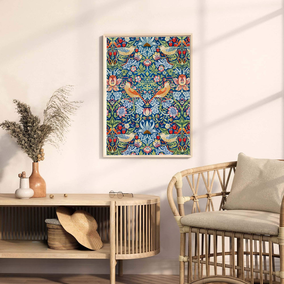 Deep blue tones meet red strawberries in an edge-to-edge William Morris Strawberry Thief artwork print. MapYourDreams provides stylish framed, unframed, and canvas options available for designing lively living quarters.
