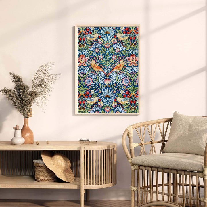 Deep blue tones meet red strawberries in an edge-to-edge William Morris Strawberry Thief artwork print. MapYourDreams provides stylish framed, unframed, and canvas options available for designing lively living quarters.