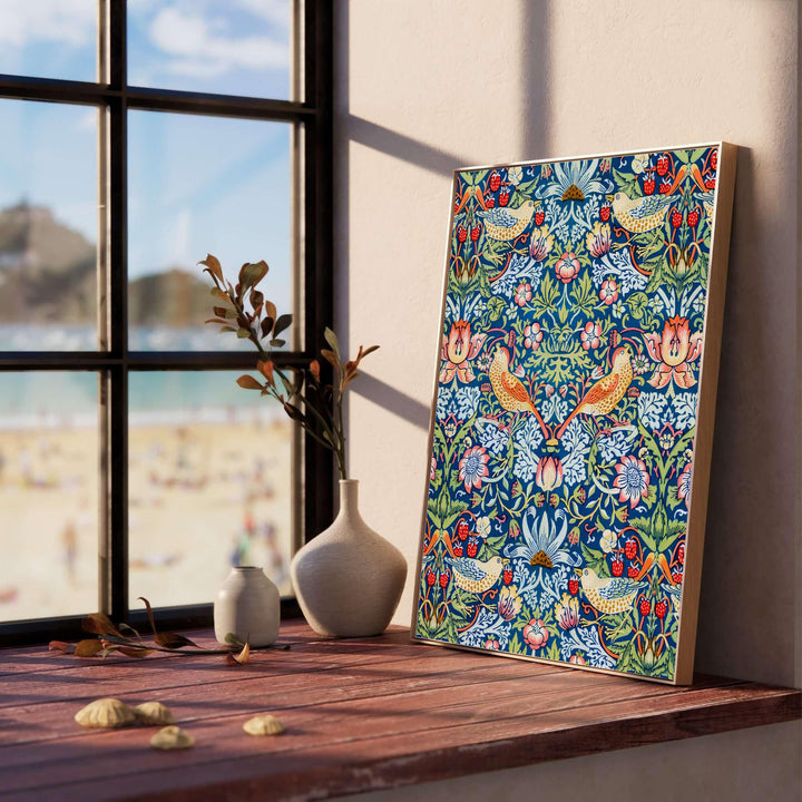 Bright red strawberries and yellow birds create a seamless pattern in this Victorian William Morris Strawberry Thief wall poster. Select durable framed, unframed, and canvas options available at MapYourDreams for frame setups.