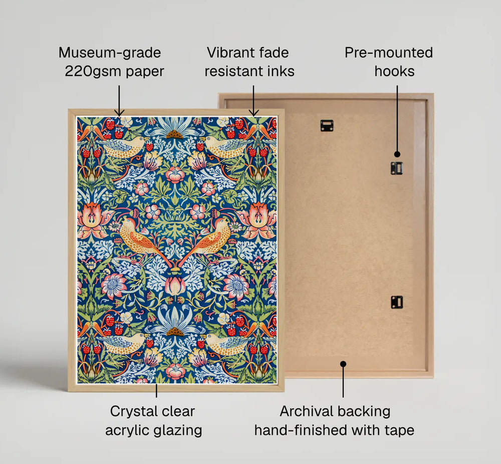 Golden birds and red fruit fill a seamless blue background in this 1883 William Morris Strawberry Thief poster. Discover high-quality framed, unframed, and canvas options available at MapYourDreams to style your living room.