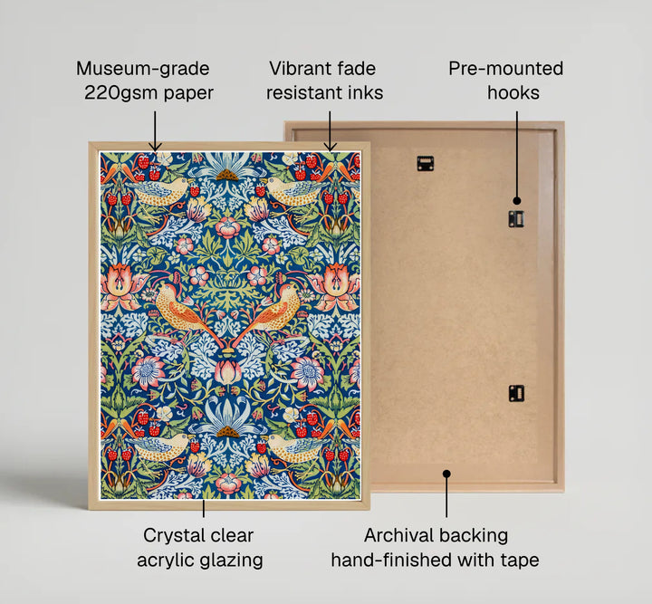 Golden birds and red fruit fill a seamless blue background in this 1883 William Morris Strawberry Thief poster. Discover high-quality framed, unframed, and canvas options available at MapYourDreams to style your living room.