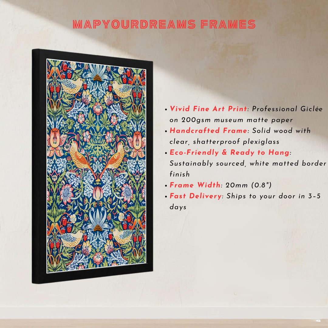 Rich cobalt blue and berry red colors lend a cozy feel to this full-bleed William Morris Strawberry Thief layout. Browse archival framed, unframed, and canvas options available at MapYourDreams to build a vintage gallery wall.