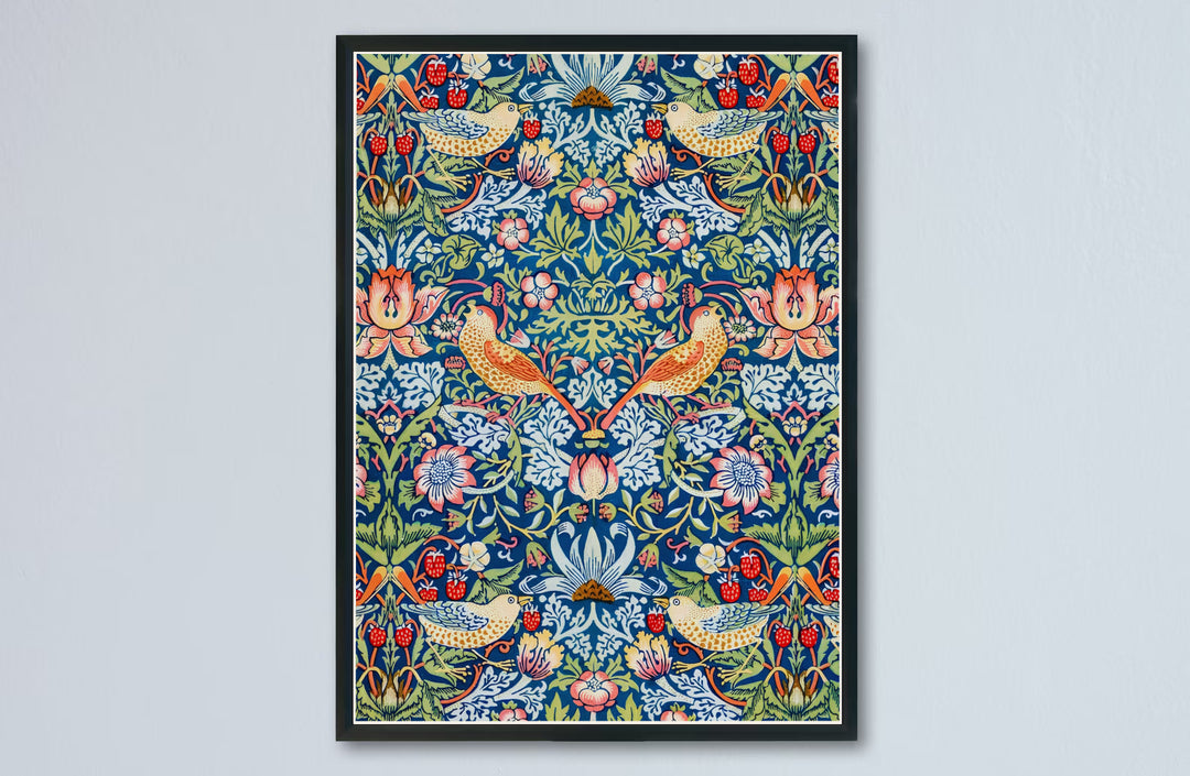 English textile heritage shines in this full-bleed blue and red William Morris Strawberry Thief illustration. Order custom framed, unframed, and canvas options available at MapYourDreams to establish a home interior accent.