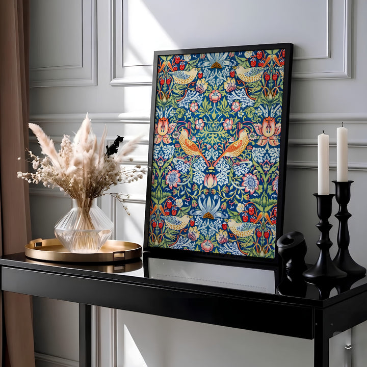 Full-bleed botanical layout showing thrushes perched among white flowers in this William Morris Strawberry Thief art print. MapYourDreams provides archival framed, unframed, and canvas options available for home wall decor.