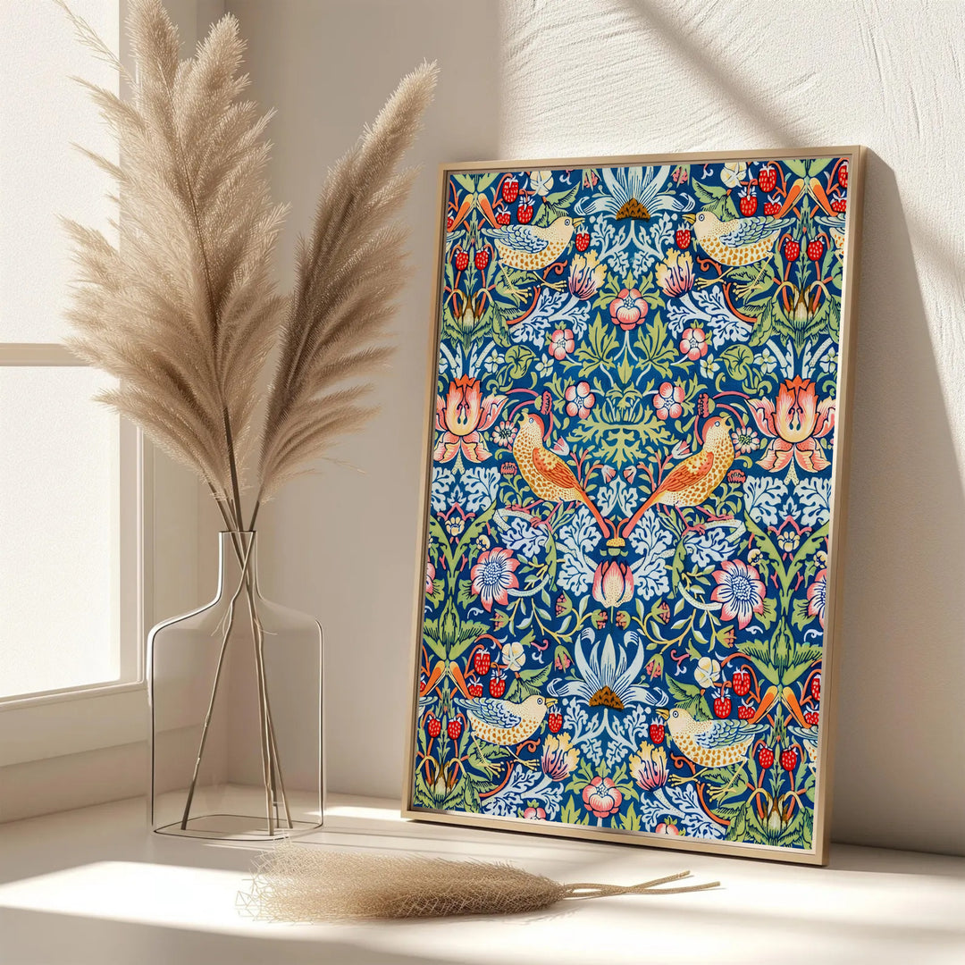 Garden bird and botanical art combine for a vibrant aesthetic in this full-bleed William Morris Strawberry Thief poster. Shop ready-to-ship framed, unframed, and canvas options available from MapYourDreams for modern homes.