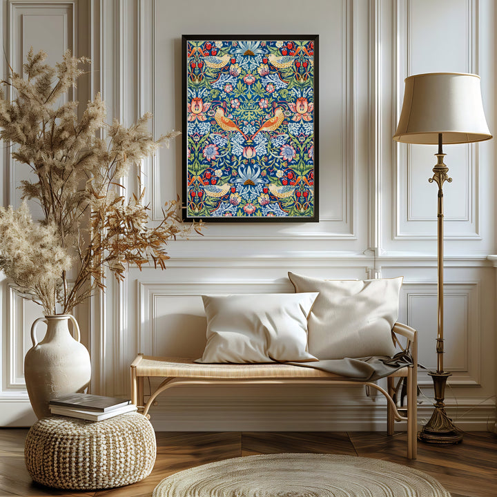 Edge-to-edge botanical line art and thrush illustrations bring historic charm in this William Morris Strawberry Thief print. MapYourDreams delivers museum-quality framed, unframed, and canvas options available for home delivery.