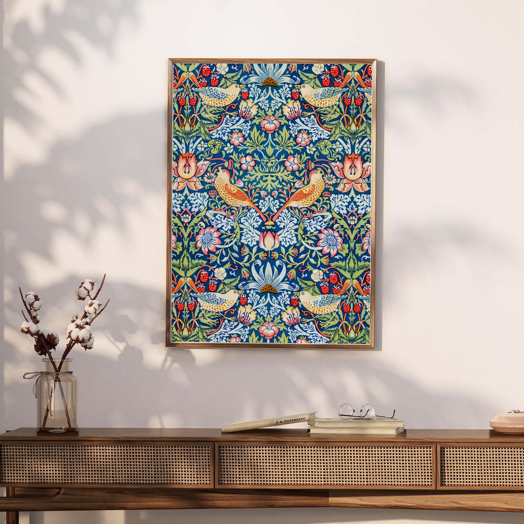 Muted green and red fruit wall decor inspired by 1883 textiles defines this full-bleed William Morris Strawberry Thief print. MapYourDreams brings tailored framed, unframed, and canvas options available to match your style.