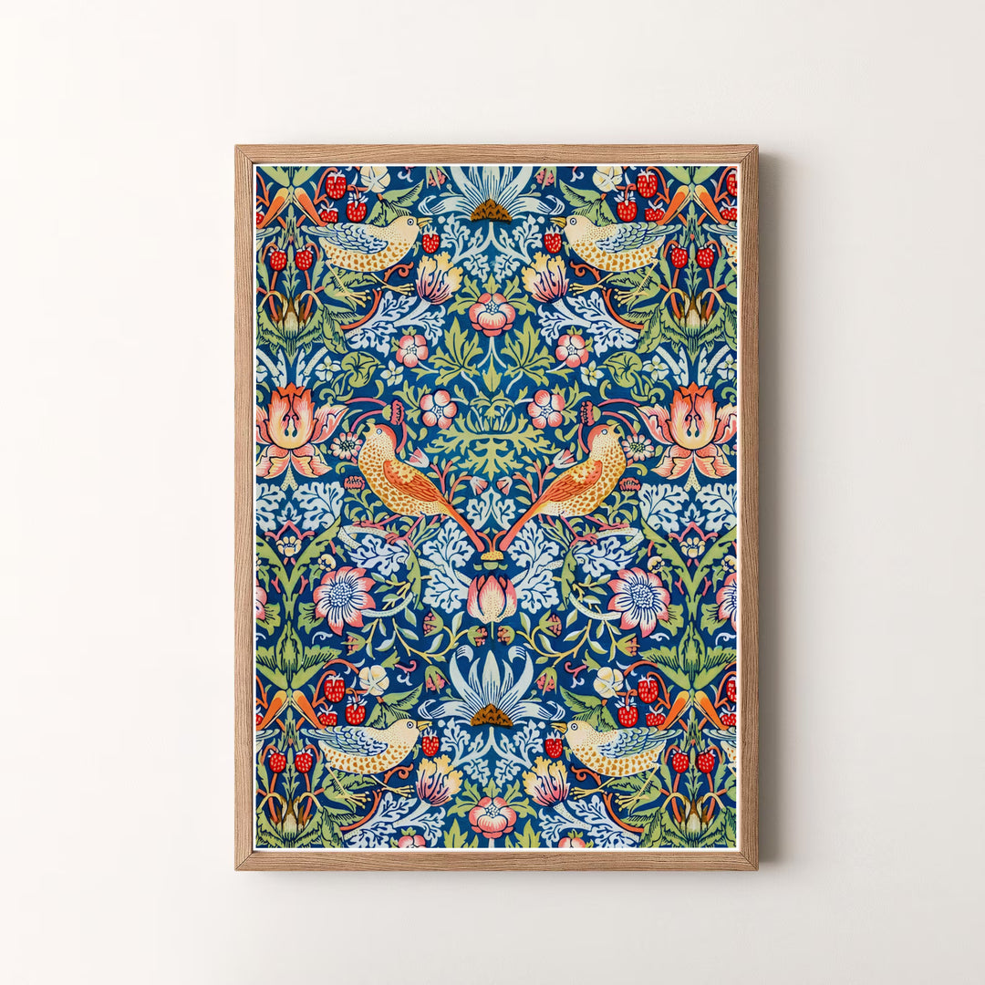 Full-bleed printed artwork frames this cobalt blue William Morris Strawberry Thief art layout. Pick high-contrast framed, unframed, and canvas options available at MapYourDreams for a refined art presentation.