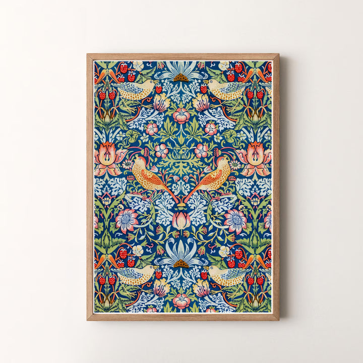 Full-bleed printed artwork frames this cobalt blue William Morris Strawberry Thief art layout. Pick high-contrast framed, unframed, and canvas options available at MapYourDreams for a refined art presentation.