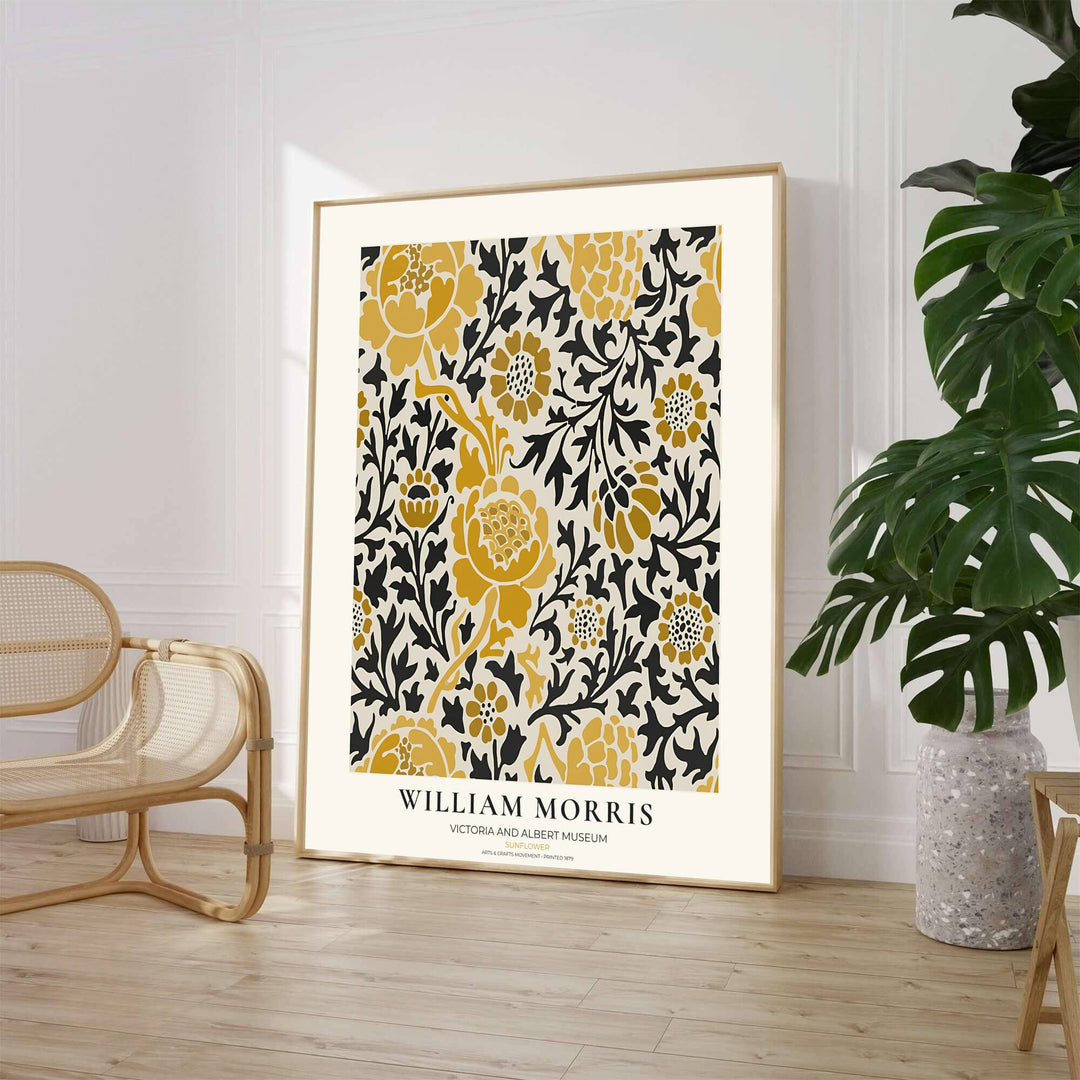 Stylized golden sunflowers and dark tendrils highlight this restored William Morris Sunflower print design. Order beautiful framed, unframed, and canvas options available at MapYourDreams to create a bold focal point.