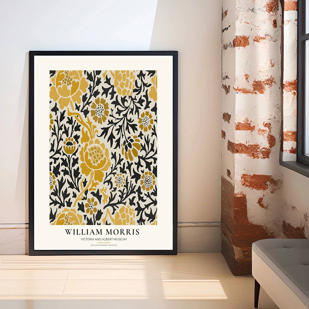 Inspired by classic 1879 wallpaper, this William Morris Sunflower art piece features graphic floral shapes. Explore versatile framed, unframed, and canvas options available at MapYourDreams for mid-century or modern rooms.