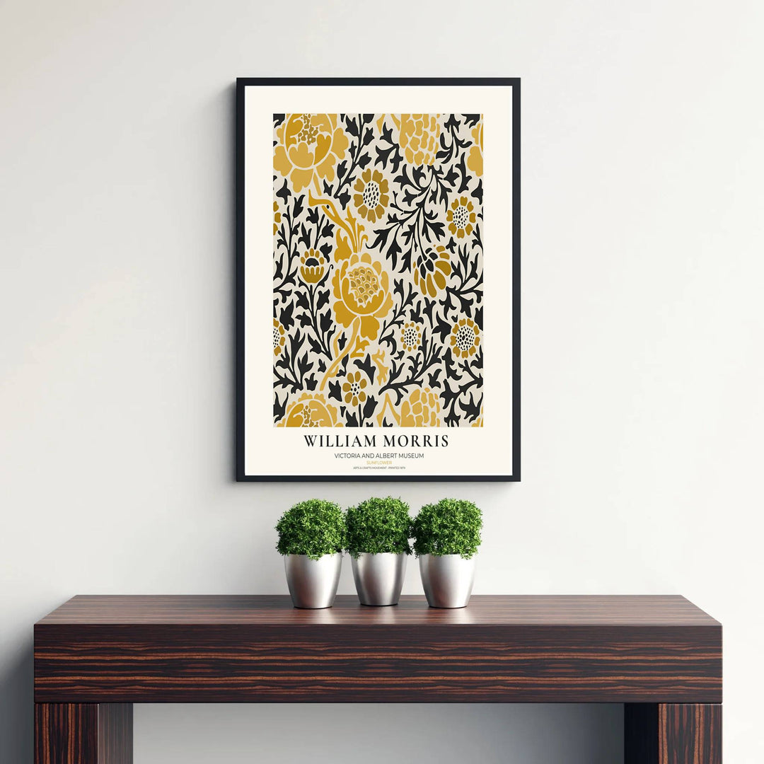 Yellow sunflower heads mix with charcoal leaves in this William Morris Sunflower wall poster. MapYourDreams delivers museum-grade framed, unframed, and canvas options available with fast shipping for art lovers.