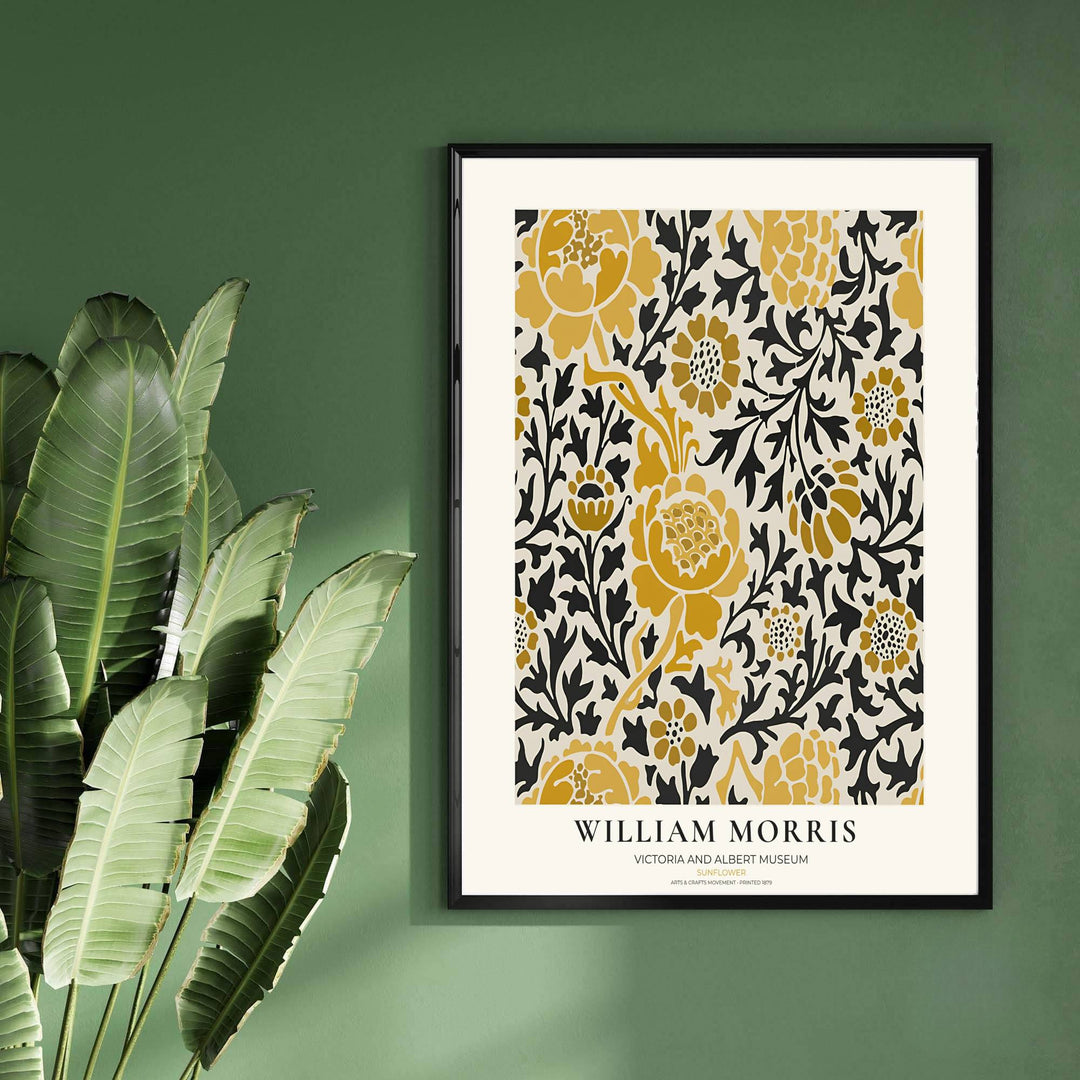 Ochre yellow and stark black shades combine in this timeless English William Morris Sunflower print layout. Choose tailored framed, unframed, and canvas options available at MapYourDreams to complement wooden furniture.