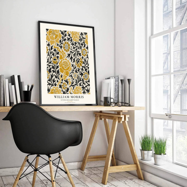 Bring warm mustard tones to your home with this yellow black William Morris Sunflower exhibition layout. MapYourDreams offers custom framed, unframed, and canvas options available for dining room or entryway wall displays.