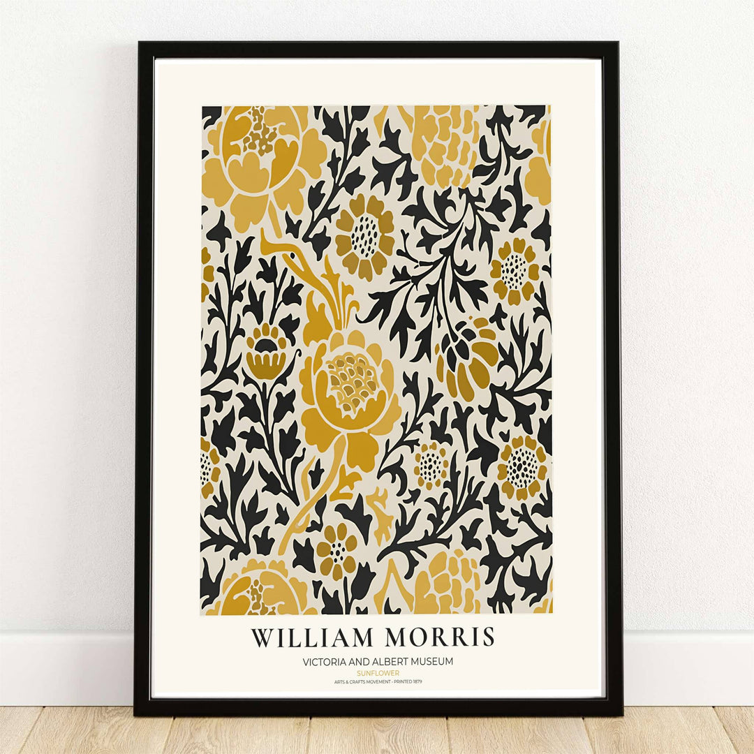 Golden sunflowers and dark charcoal leaves stand out in this William Morris Sunflower print. MapYourDreams supplies this vintage botanical artwork in framed, unframed, and canvas options available for modern living room wall decor.