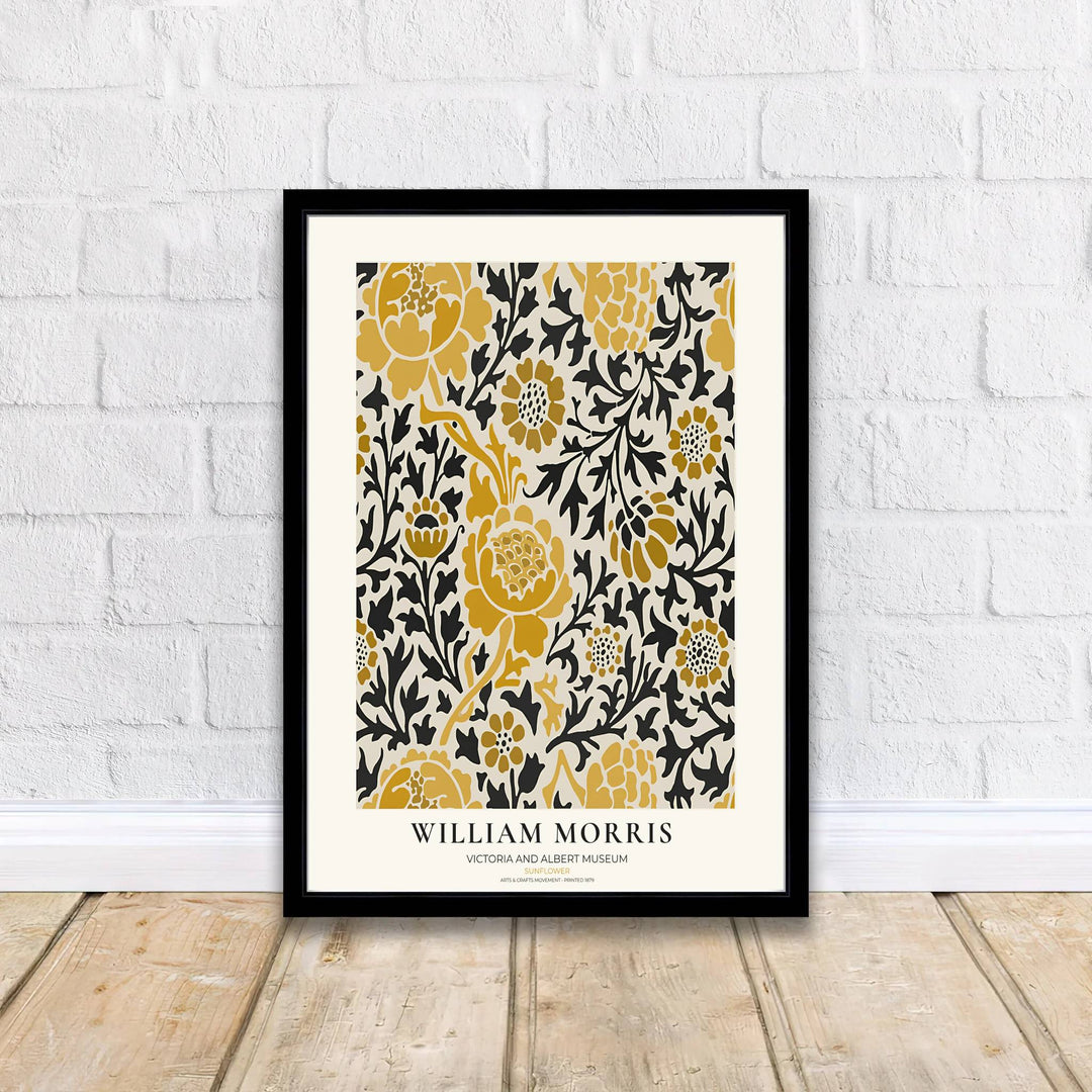A bold yellow and black botanical design highlights this 19th-century William Morris Sunflower exhibition poster. Shop premium framed, unframed, and canvas options available online today from MapYourDreams for cozy walls.
