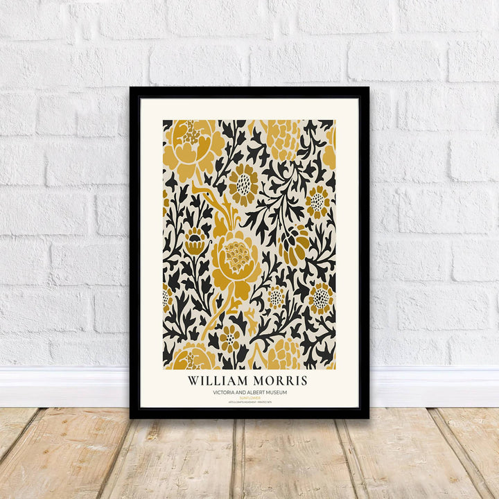 A bold yellow and black botanical design highlights this 19th-century William Morris Sunflower exhibition poster. Shop premium framed, unframed, and canvas options available online today from MapYourDreams for cozy walls.