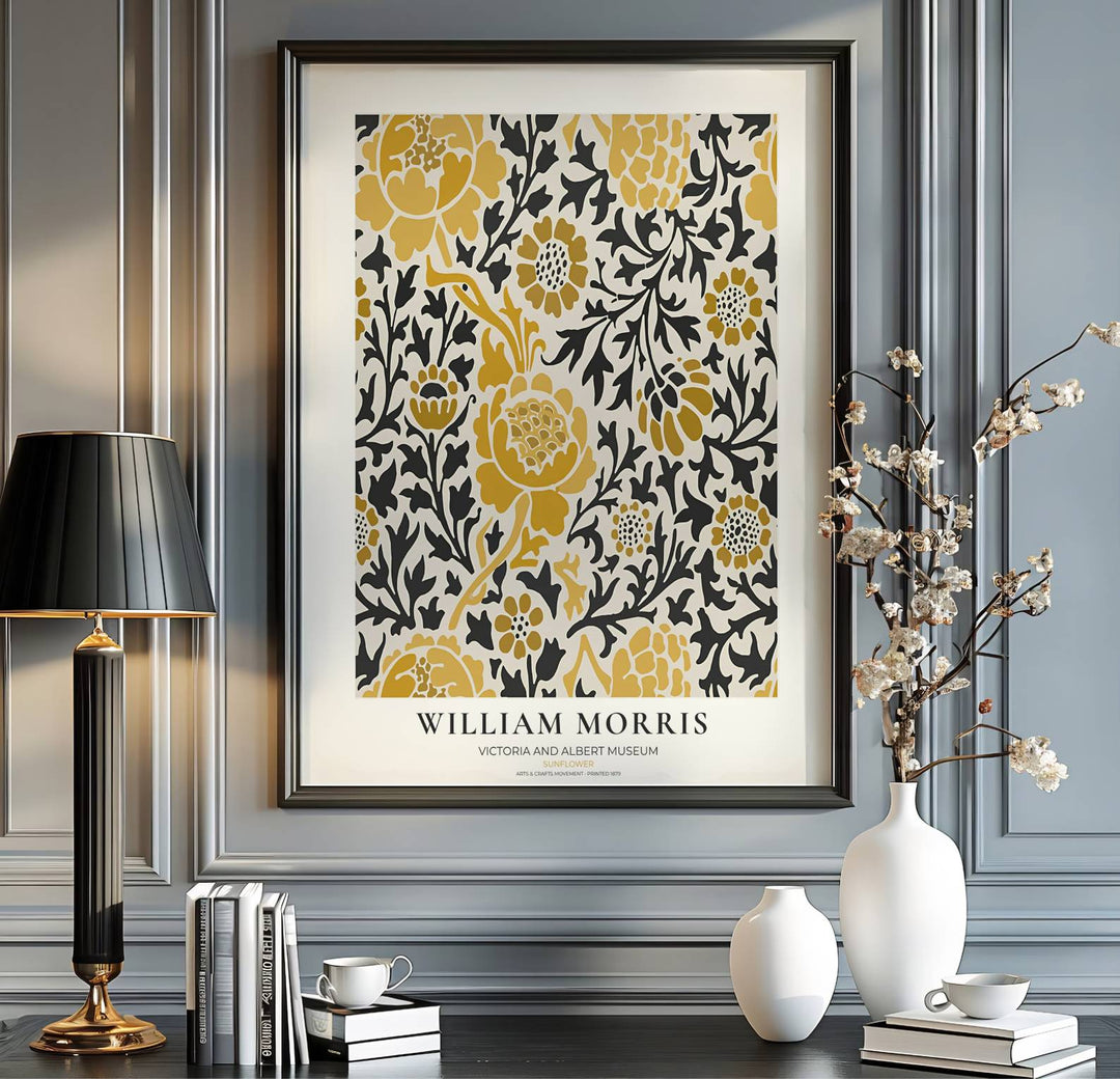 Golden yellow flowers and dark stems decorate this restored William Morris Sunflower wall art piece. Buy long-lasting framed, unframed, and canvas options available at MapYourDreams to expand your home art collection.