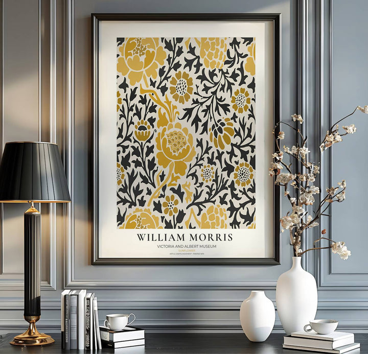 Golden yellow flowers and dark stems decorate this restored William Morris Sunflower wall art piece. Buy long-lasting framed, unframed, and canvas options available at MapYourDreams to expand your home art collection.