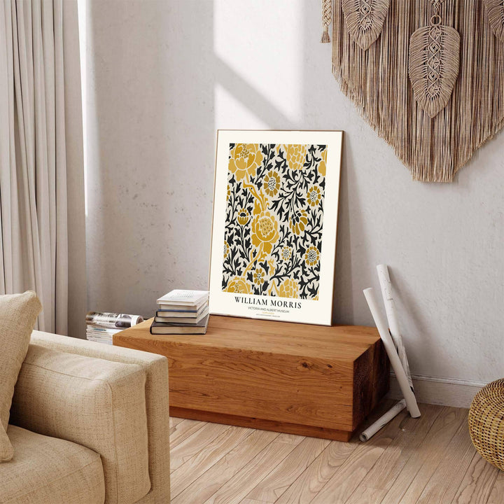 Bold botanical shapes and museum typography highlight this V&amp;A William Morris Sunflower poster. Select high-grade framed, unframed, and canvas options available at MapYourDreams to enhance your hallway wall decor.