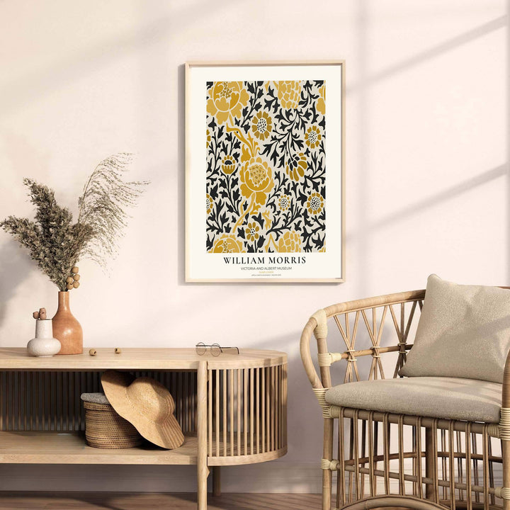Warm yellow tones meet charcoal black leaves in a sophisticated William Morris Sunflower artwork print. MapYourDreams provides stylish framed, unframed, and canvas options available for designing elegant living quarters.