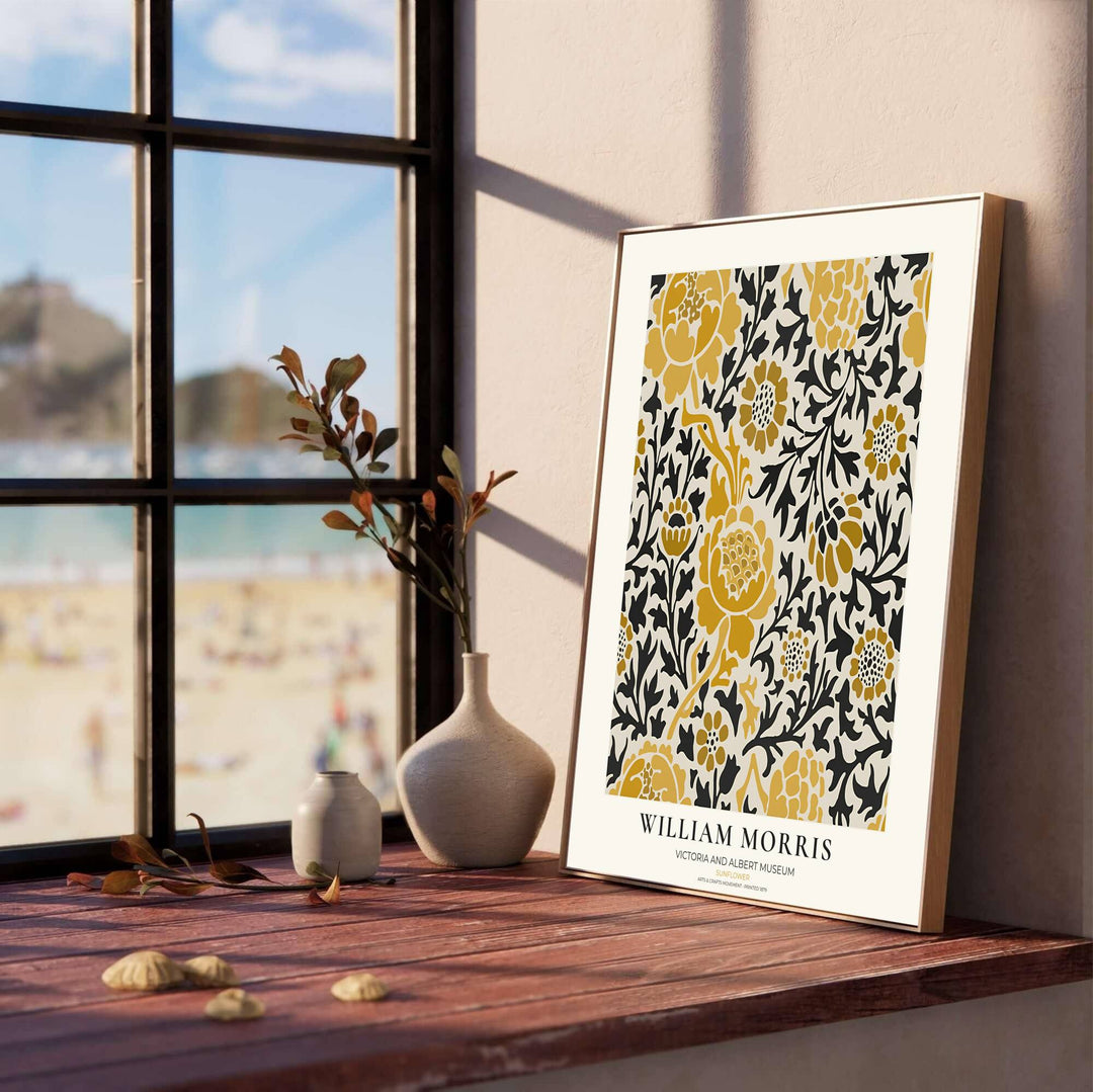 Bold yellow petals and dark leafy stems create contrast in this Victorian William Morris Sunflower wall poster. Select durable framed, unframed, and canvas options available at MapYourDreams to match your picture frame choices.