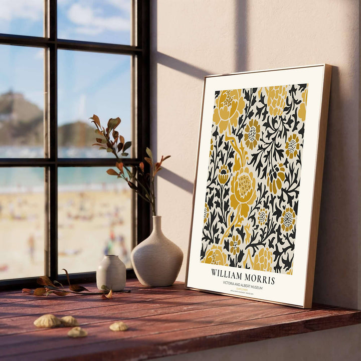 Bold yellow petals and dark leafy stems create contrast in this Victorian William Morris Sunflower wall poster. Select durable framed, unframed, and canvas options available at MapYourDreams to match your picture frame choices.